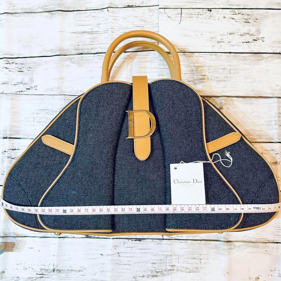 Sac double selle vintage Christian Dior denim coton bleu foncé écuc