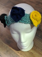 Handmade Crochet Headband, Blue With 3 Heart Roses, 100 Acrylic, Infant