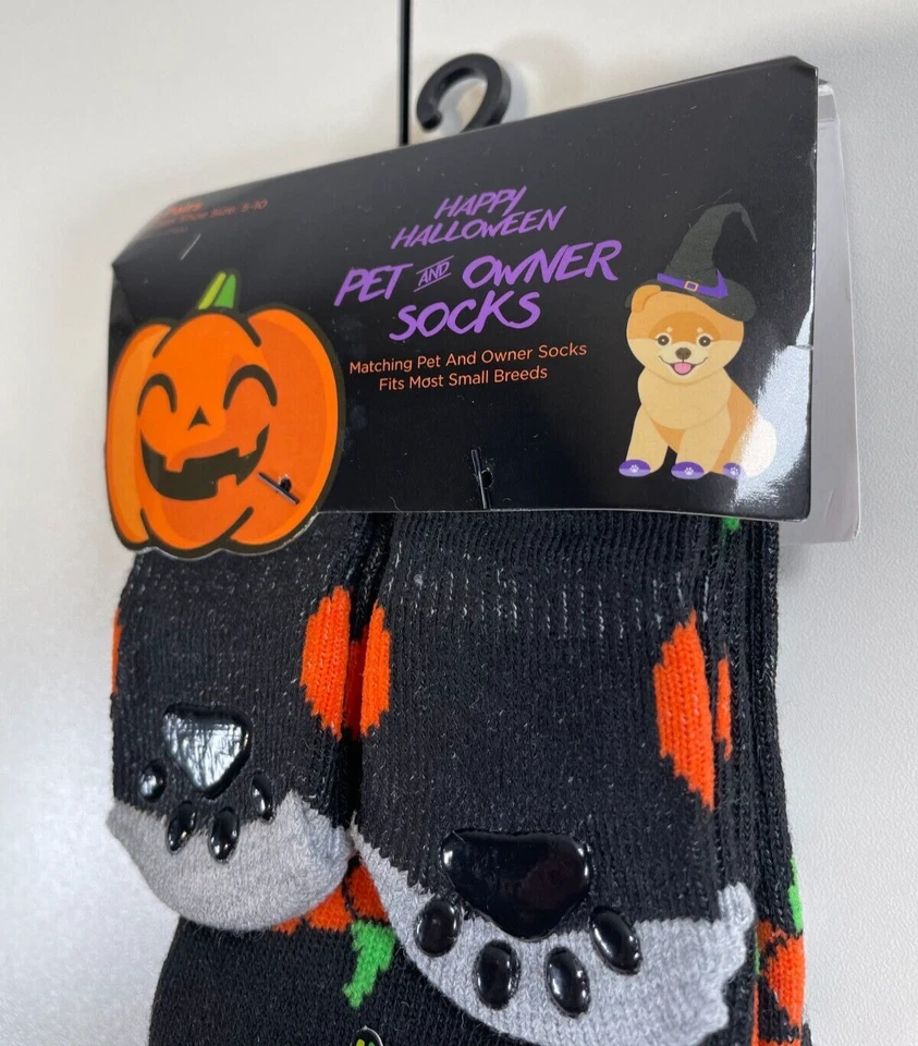 NUEVO CON ETIQUETAS Feliz Halloween Calabazas Mascota y Dueño 2 Pares Calcetines Talla 5-10 Y Una Mascota Foto 3 de 4