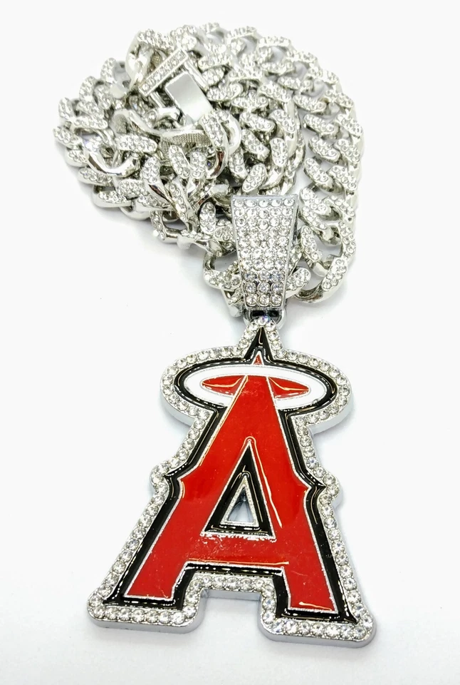 LOS ANGELES ANGELS GEM NECKLACE Silver Bling Baseball Hip Hop Pendant 20" Chain - Image 3 of 4
