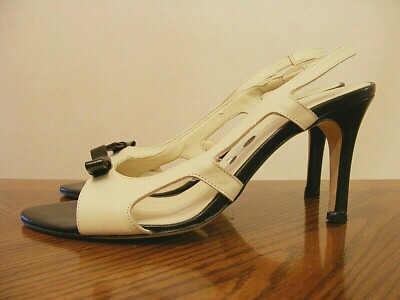 GIULIA CALVANI Ivory & Black Leather High Heel Open Toe Slingback Sandals Sz 8B