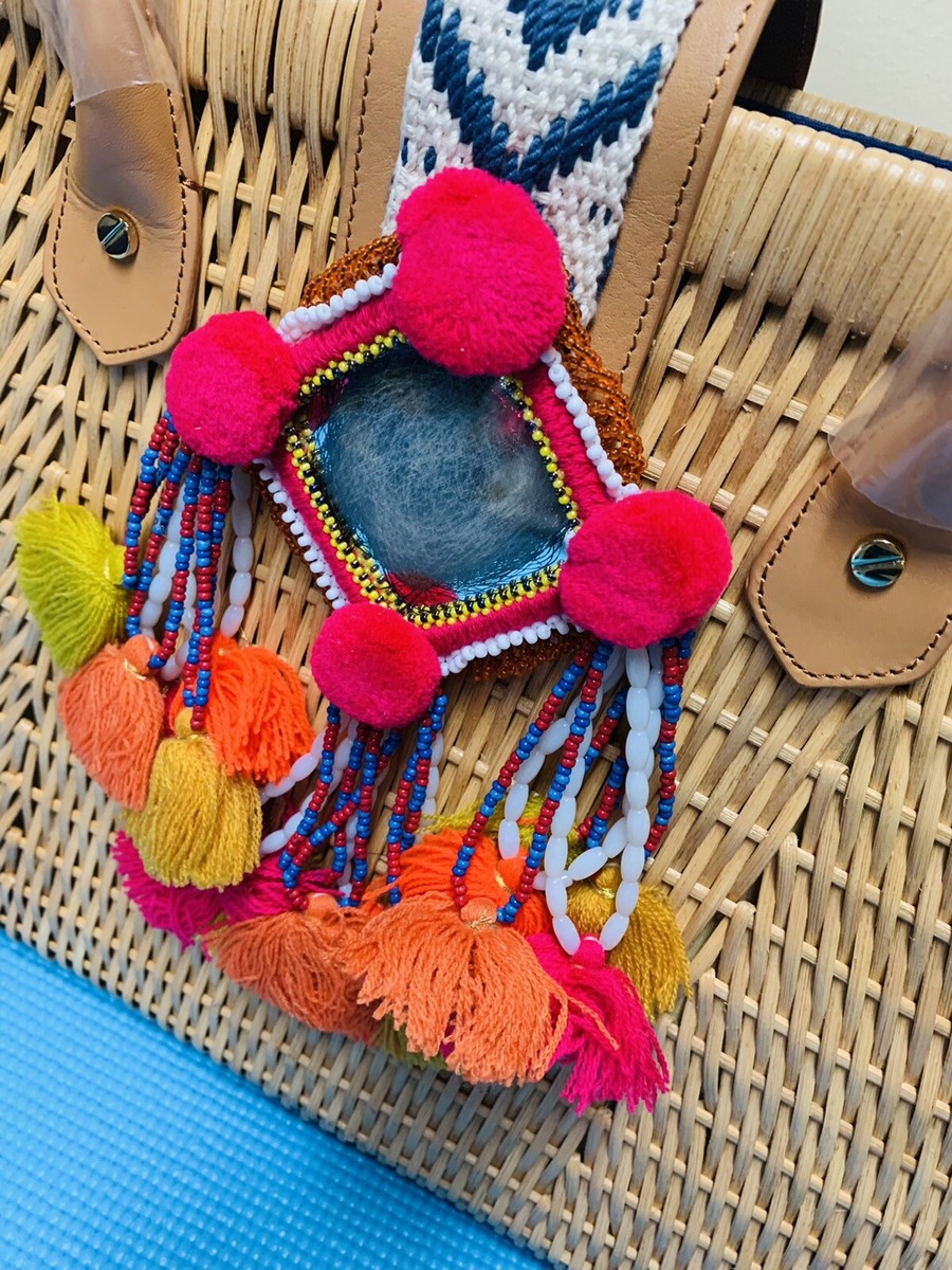 NWT Tory Burch Rattan Pom Pom Beach Straw Natural Vachet Large 