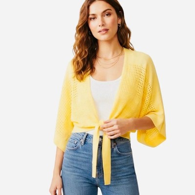 NWT Joseph A Pale Banana Open Knit Tie Front Cardigan-Balero L