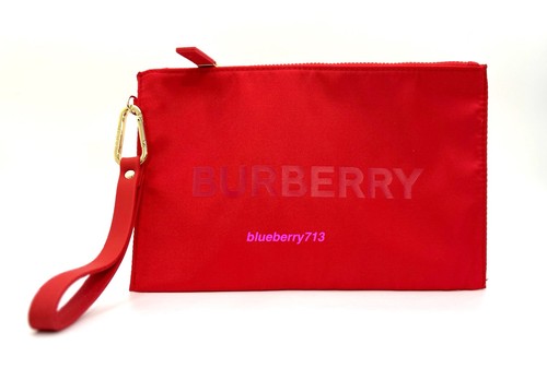 New! Burberry Logo Clutch Cosmetic Pouch Bag with Removable Handle ~ Red