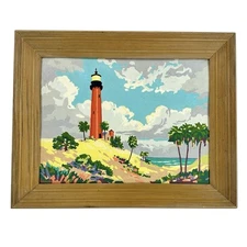 Vintage 1950s Paint By Number Jupiter LightHouse Framed Ready to Hang 19x15