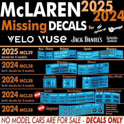 McLaren 2024 & 2025 Logos für MCL38 & MCL39 Norris & Piastri Decals im Maßstab 1:43