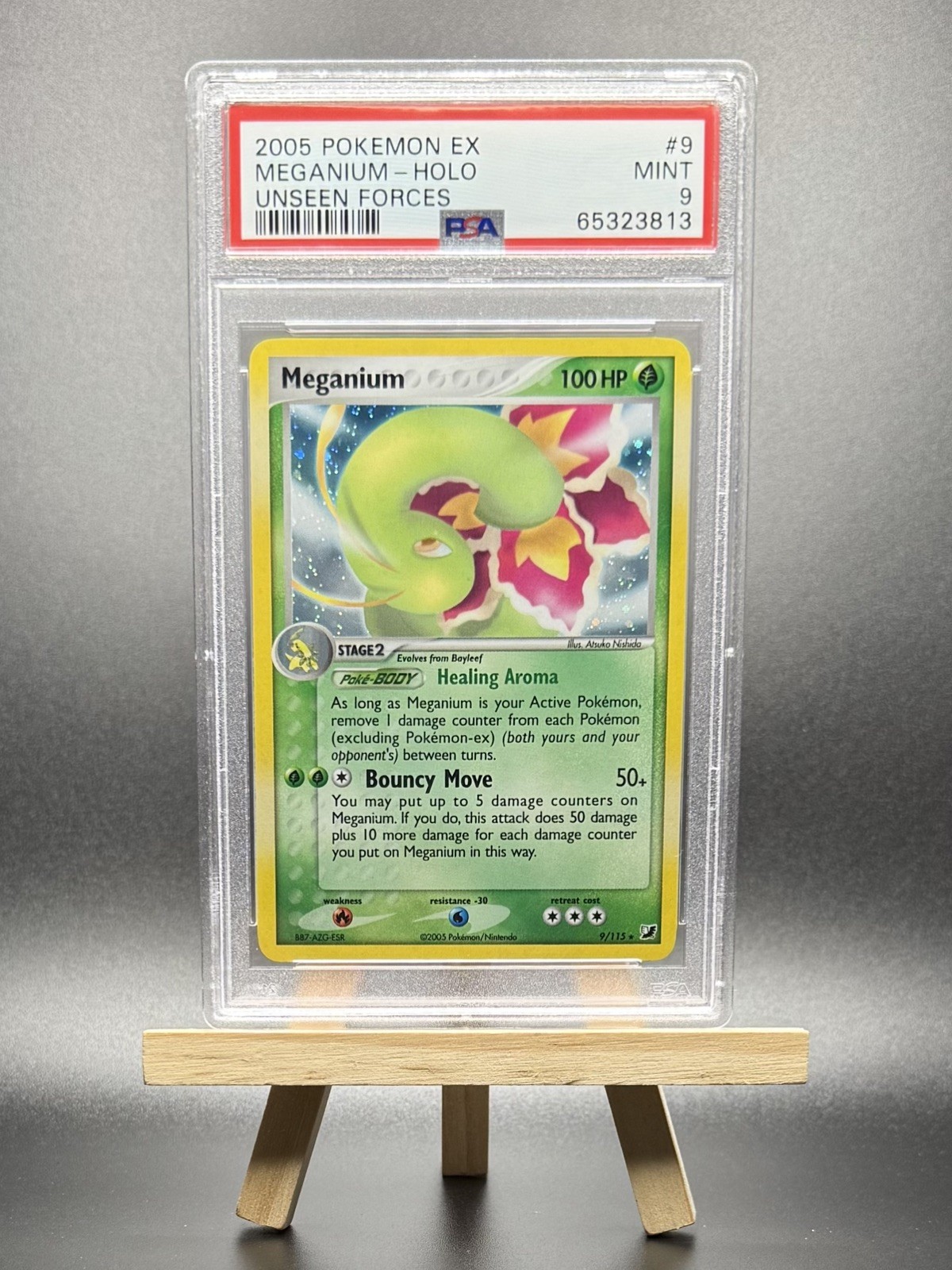 2005 POKEMON MEGANIUM HOLO #9 EX RUBY SAPPHIRE UNSEEN FORCES PSA 9