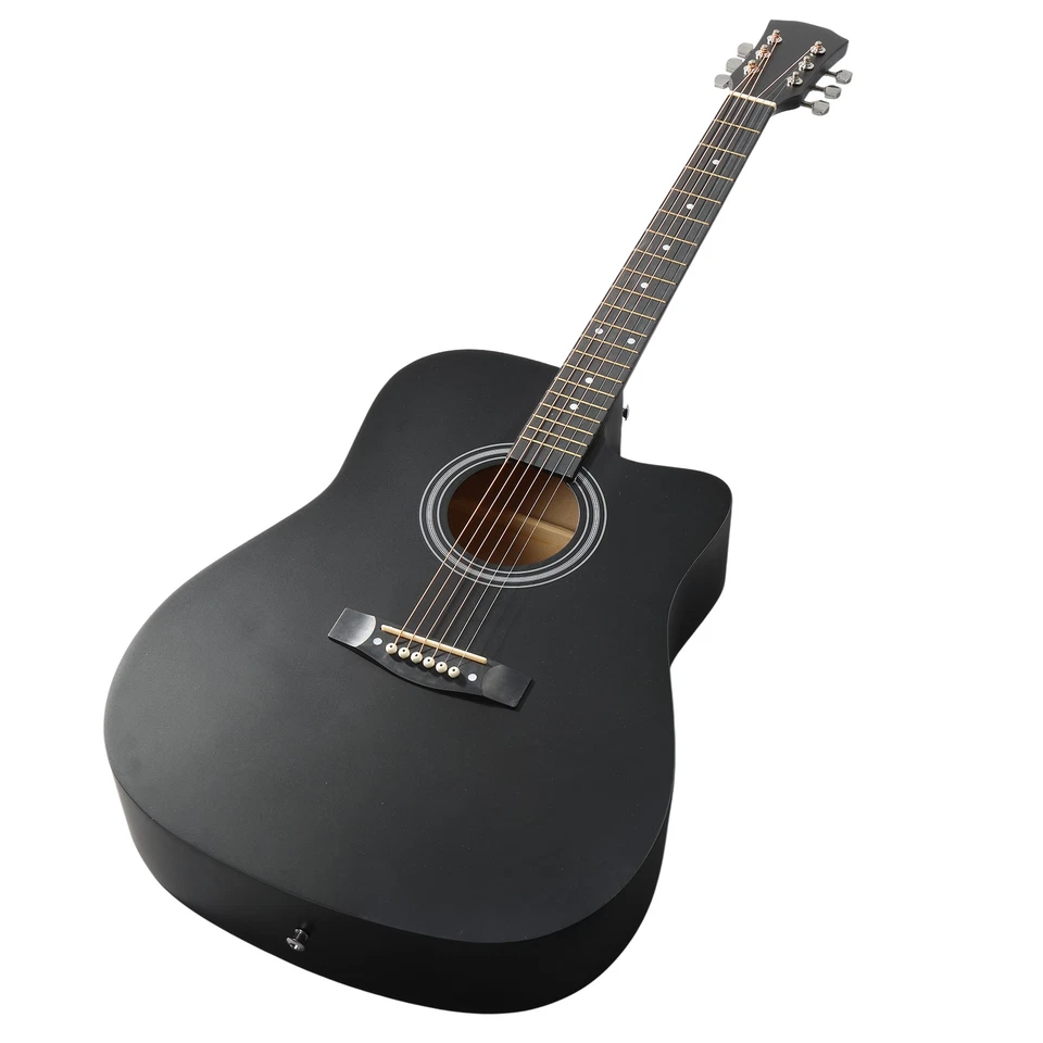 Matte Black 41in Dreadnought Barrel-shaped Cutaway Acoustic Guitar with Strings - Image 4 of 4
