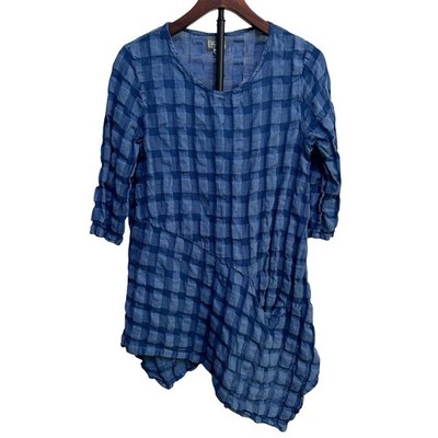 Niche Nilgun Derman Lagenlook Tunic Top S Blue Gingham Crinkle Asymmetric Dress