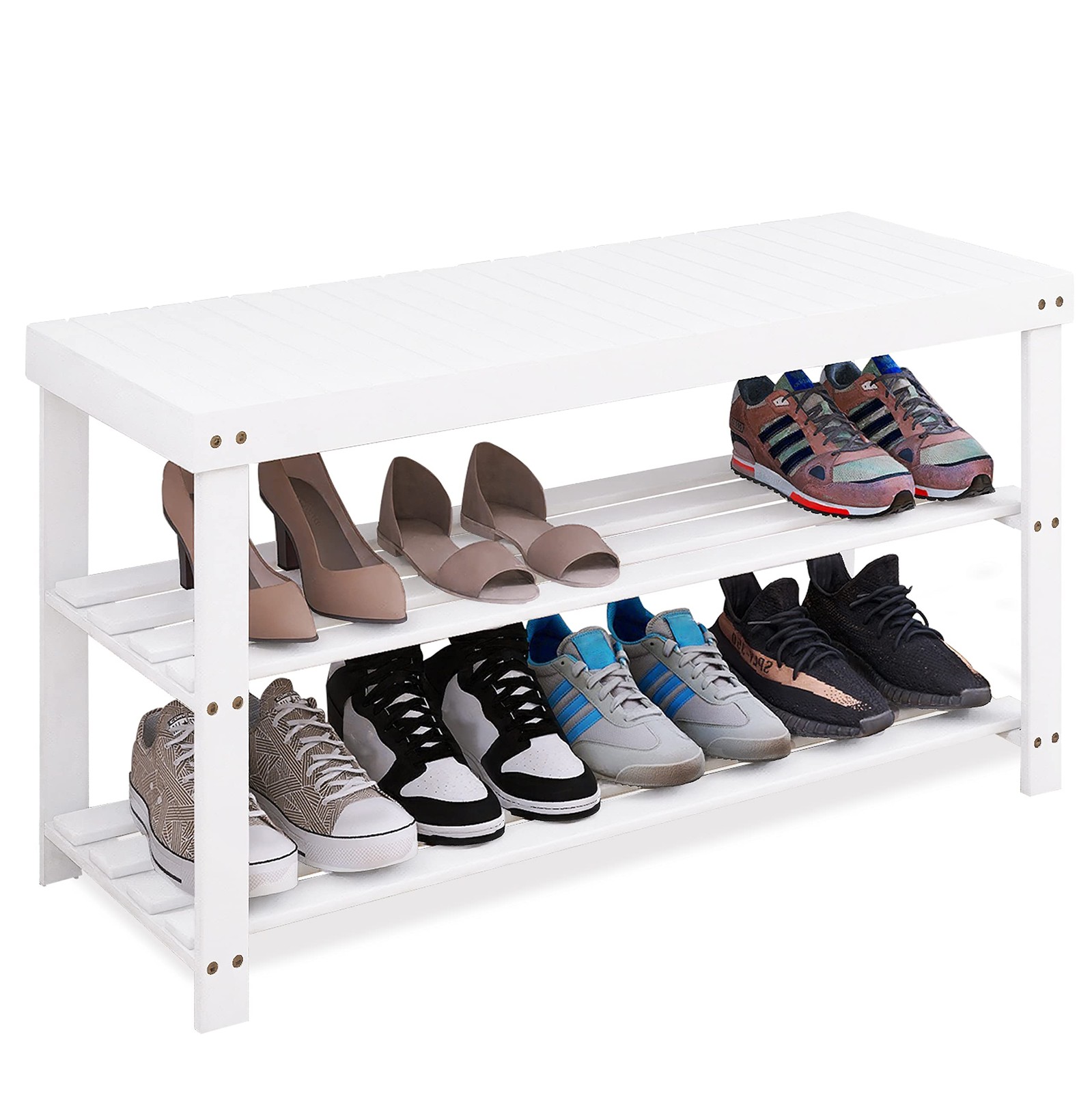Bamboo 3-Tier Shoe Rack Bench with Storage Shelf for Entryway Hallway