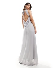ASOS silver grey maxi cowl low open back Bridesmaid Dress Christmas ball gown