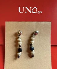 NWT Uno de 50 Silver Plated/Creme & Black Resin Bead Earrings 2"