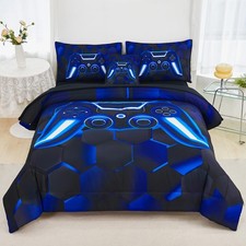 Full Size Comforter Sets for Boys Blue Gaming Bed in a Bag 6 Pieces Kids Teen...
