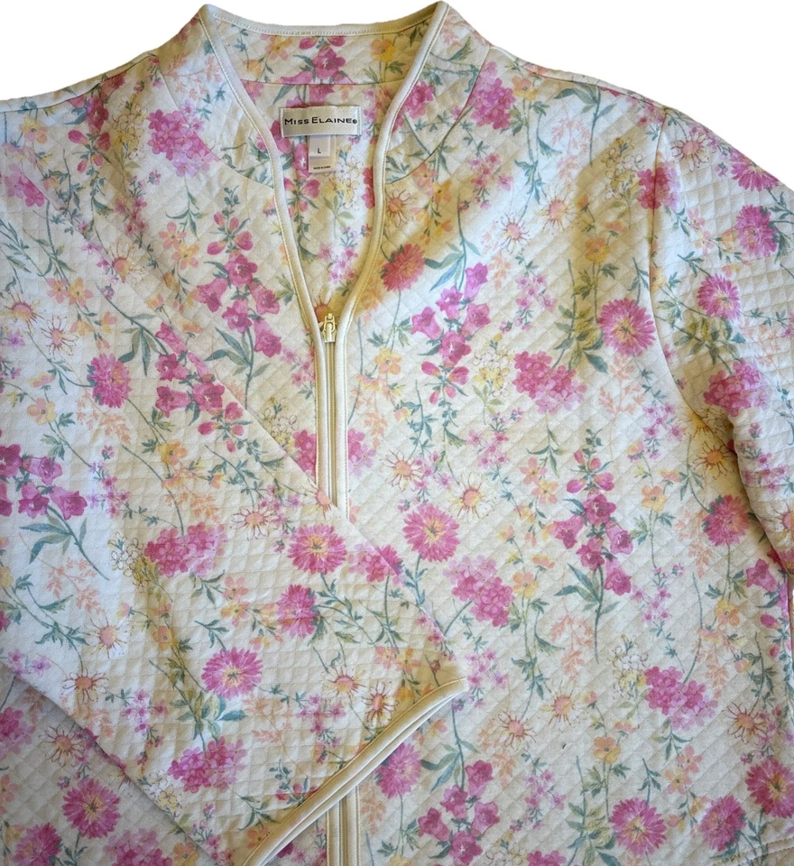 NUEVO Bata Miss Elaine Cremallera Completa Talla L Edredón Tejido Rosa Floral Bolsillos Mangas 3/4 Foto 3 de 4