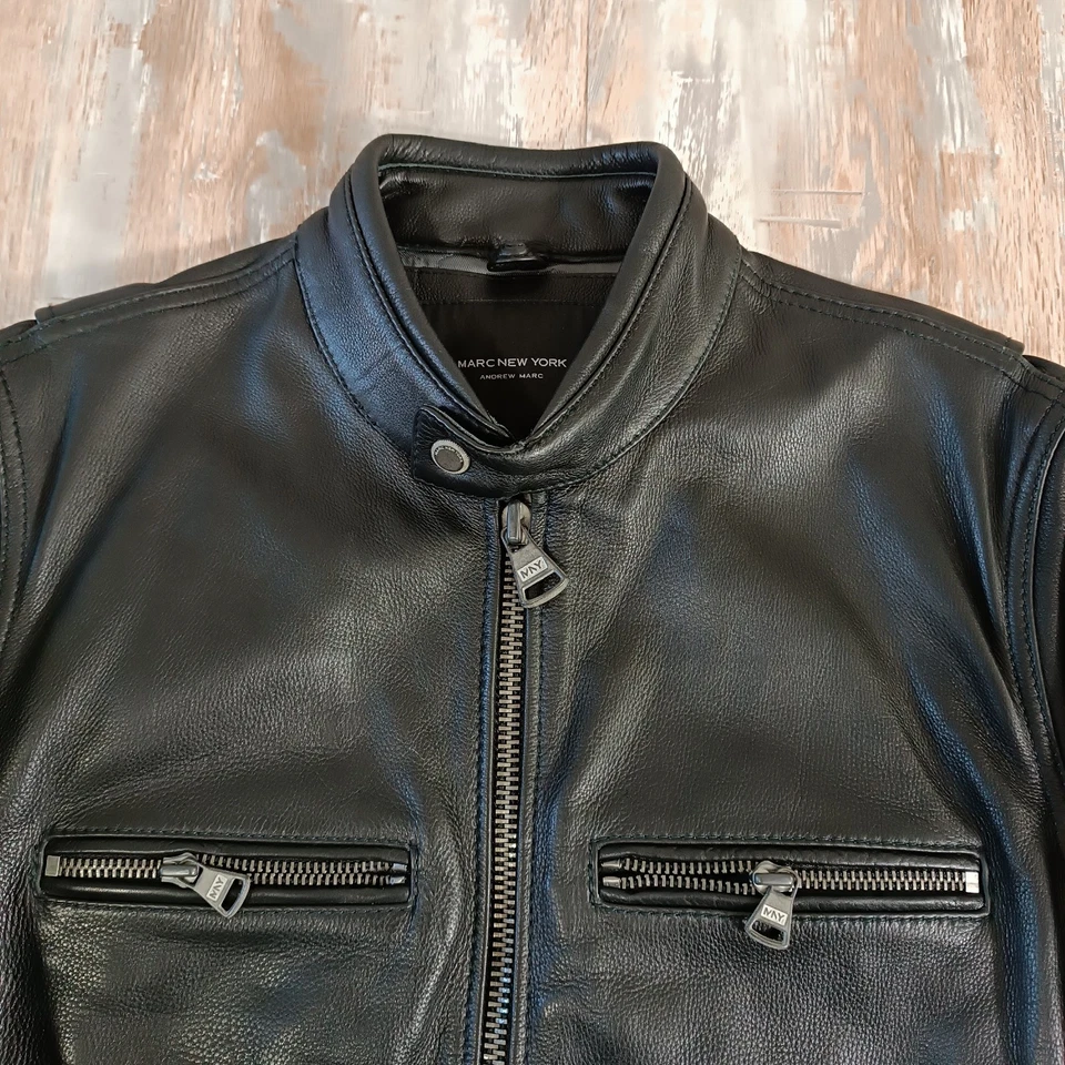 Marc New York by Andrew Marc Mens Leather Jacket Size S Full Zip Black Bike - Image 3 of 4