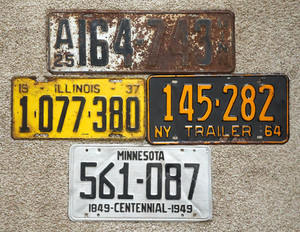USA License Plate Lot of 4. MN 1925 + MN 1949 + IL 1937 + NY 1964