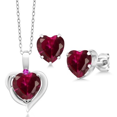 5.12 Ct Heart Shape Created Ruby Pink Sapphire 925 Silver Pendant Earrings Set