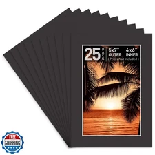 Golden State Art, Acid Free, Pack of 25, 5x7 Black Picture Mats Mattes for 4x
