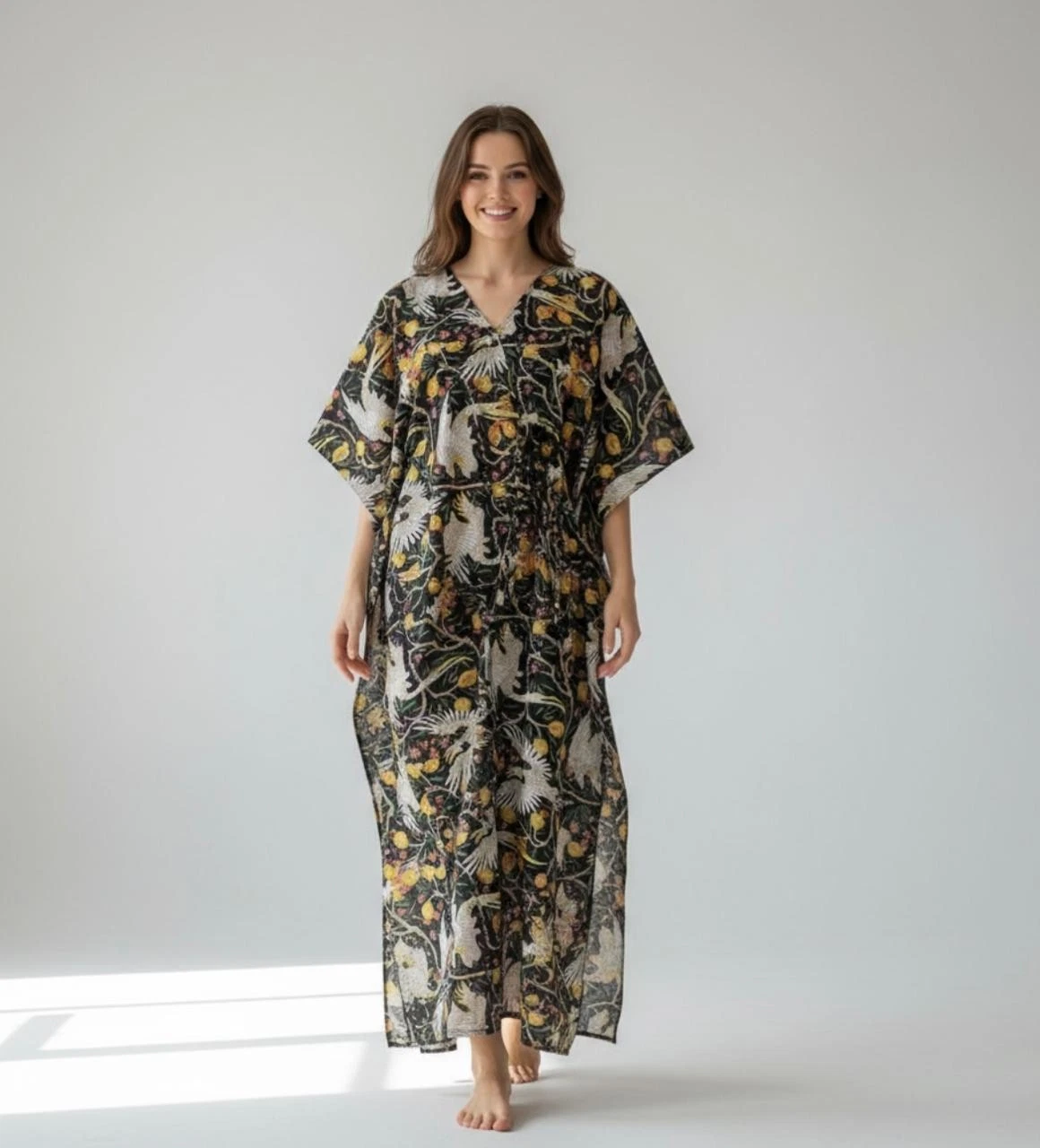 Indian Woman's Cotton Kaftan Parch Floral Printed Summer Wear Nightwear Dress
