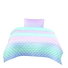 Girls Mermaid Pattern Quilt Set, with 1 Twin Size Quilt and 1 Standard Sham,