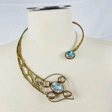 Artisan Modernist Torque Necklace Mixed Metal, Glass, Sculptural Vine Statement