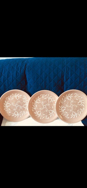 3 Pottery Harkerware ROCAILLE Engobe Pink Bread Plates 6.25" Set of THREE
