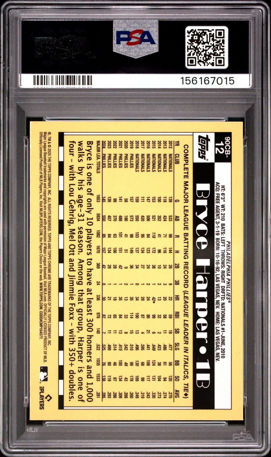 2025 TOPPS CHROME 1990 TOPPS #90CB12 BRYCE HARPER PSA 10 view 2