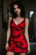 Vintage 90s Womens Dress Sz Medium Red Black Rose Floral Mesh Stretch Witchcore