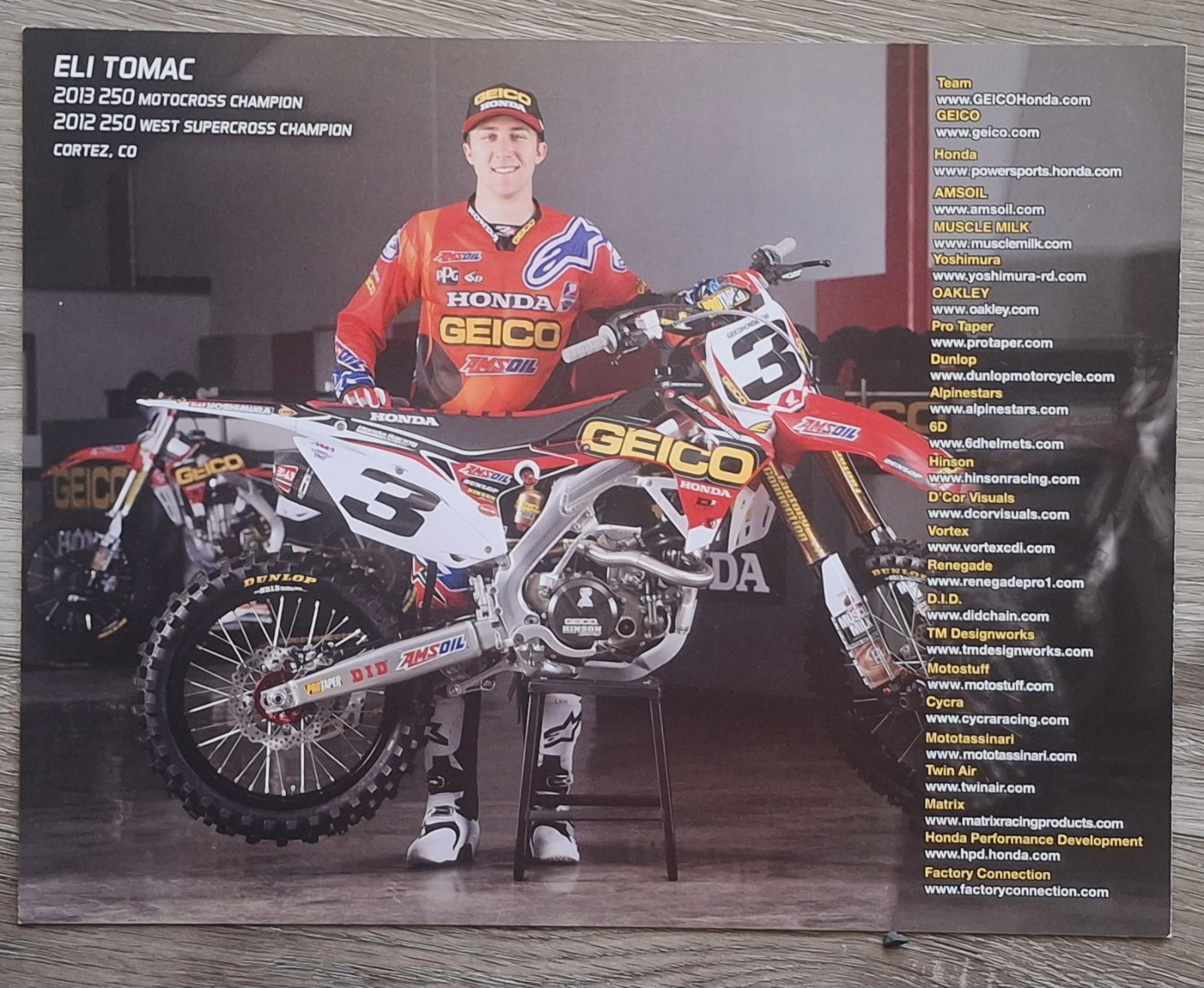 ELI TOMAC #3 Signed GEICO HONDA 8.5x11" Promo Photo Card - TBT - Red