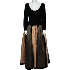 Oscar de la Renta Colorblock Silk Velvet Long Sleeve Evening Gown L
