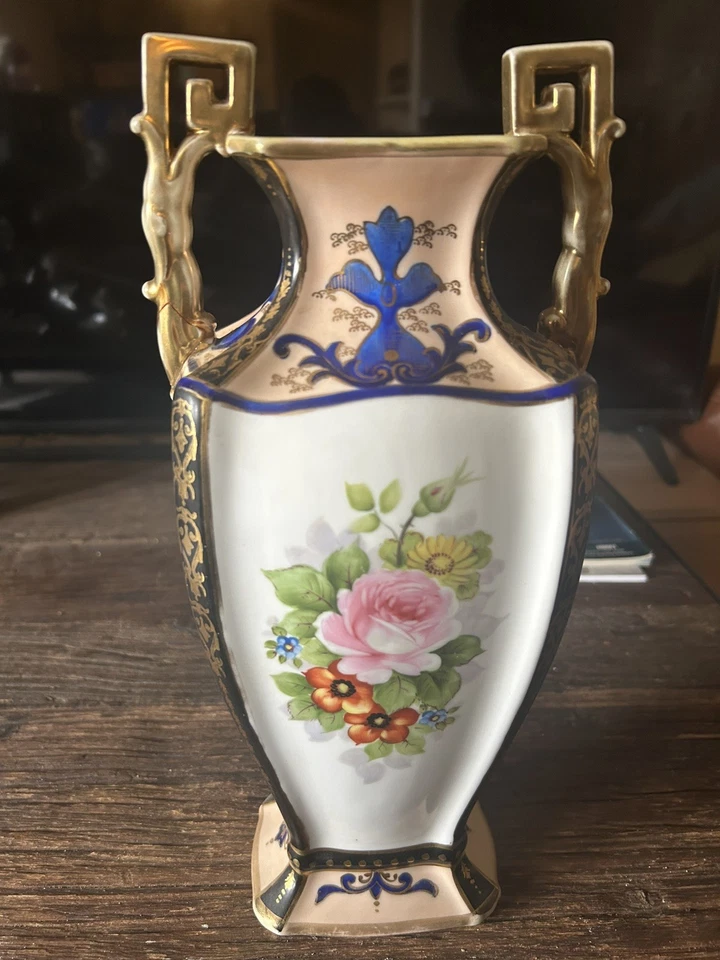 Jarrón floral antiguo Noritake pintado a mano, rollo dorado y negro, nipón c.20thC Foto 3 de 4
