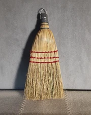 Vintage Whisk Broom 12" Corn Husk Red Stitch Metal Hanging Ring Top "Fits Rite"