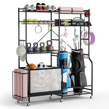 Sports Equipment Organizer for Garage w/Yoga Mat Holder Ball Basket Metal Black