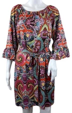 MSK Paisley Shift Dress Bell Sleeves Colorful Elastic Neckline Tie Belt Size S
