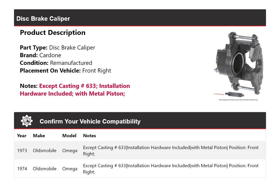 For 1973-1974 Oldsmobile Omega Disc Brake Caliper Front Right Cardone - Image 2 of 4