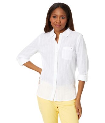 Tommy Hilfiger Womens Dobby Stripe Roll Tab White Size XL