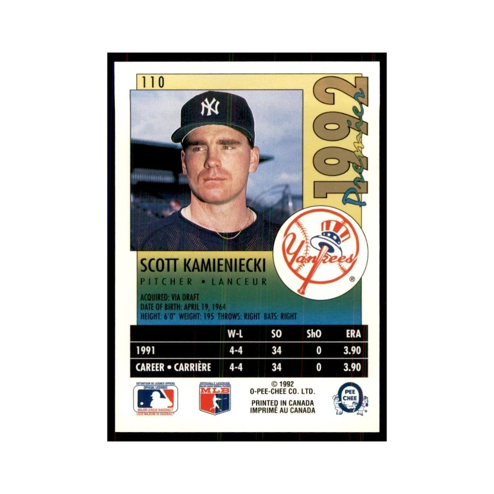 1992 O-Pee-Chee Premier Scott Kamieniecki Yankees #110 - Image 2 of 3