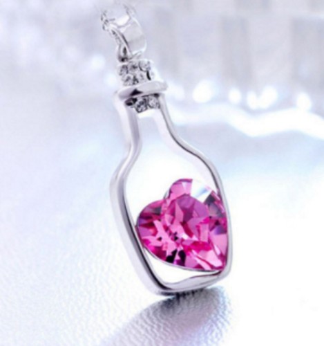 Heart Pendant Bottle Crystal Chain Necklace 925 Silver Gift Blue Rose Pink Blue - Picture 2 of 8