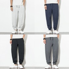 Pantalon Capri Homme Boho Rayé Ceinture Élastique Jambe Slim Jogger Poches
