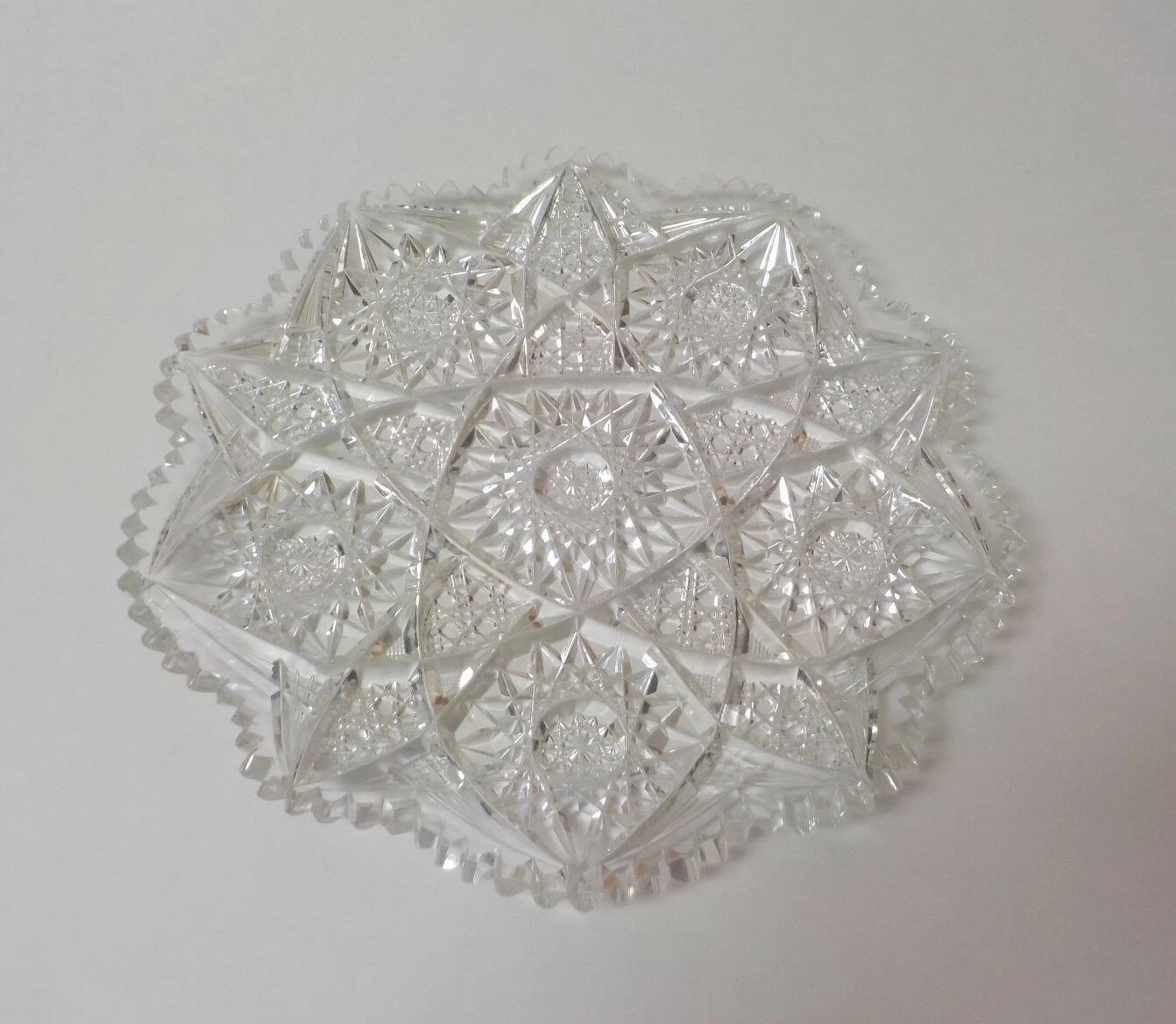 American Brilliant Cut Glass 10.5" Round Tray  Multi Cut Patterns  c. 1880 90