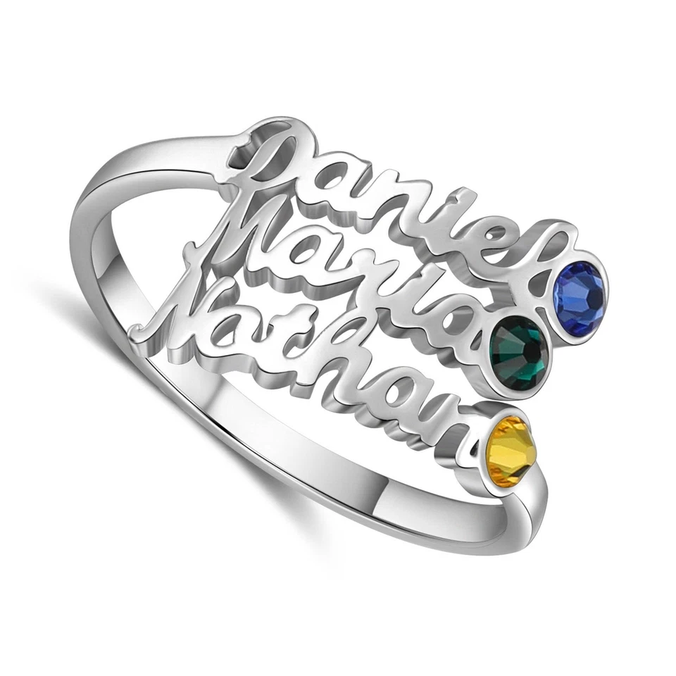 Anillo personalizado con nombre recortado en 3D y piedra de nacimiento para mamá/abuela - 3 nombres 3 piedras de nacimiento Foto 2 de 4