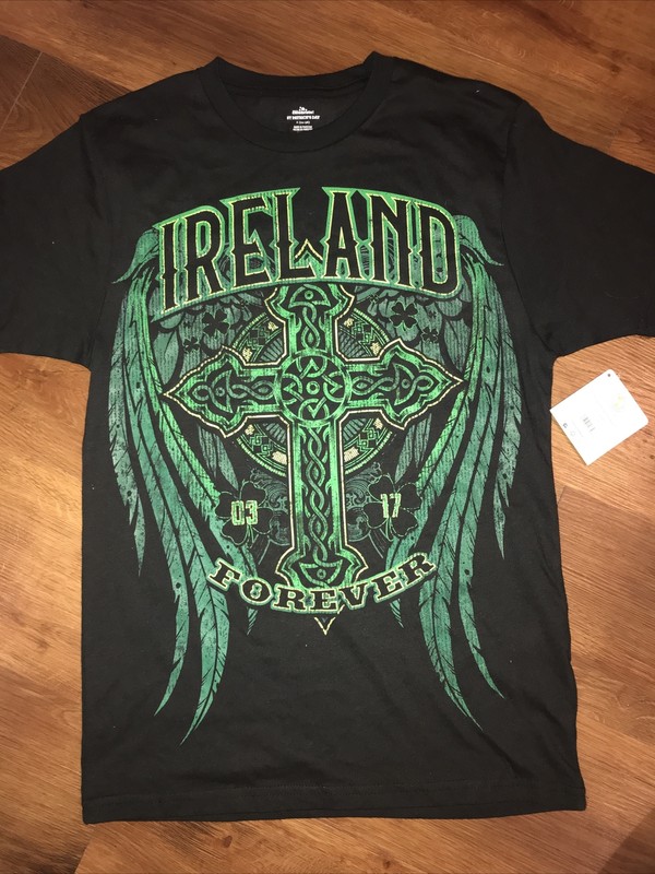 Ireland Forever NWT Celtic Cross Small 34-36 T-Shirt SS Black Green Men’s Unisex