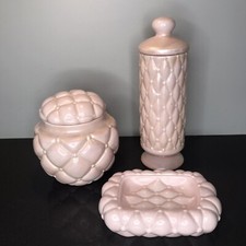 VTG Bathroom Vanity 3 Pc Set Pearl Pink Tufted Soap Dish 2 Apothecary Jars MCM