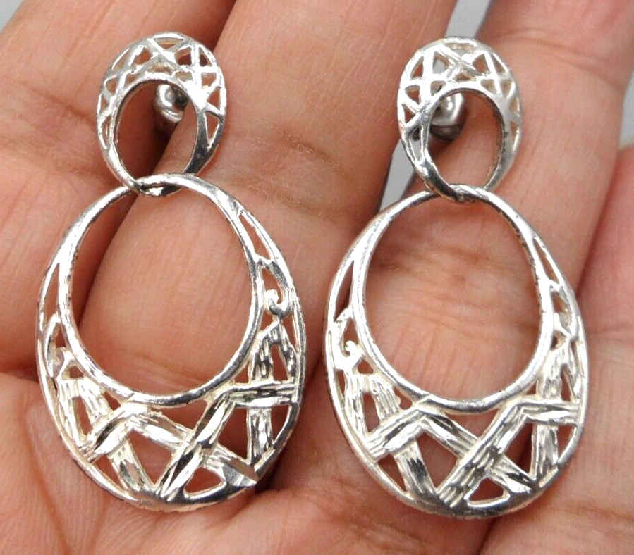 Vintage Han 925 Silver Dangle Hoop Earrings Chased Filigree Oval Asian 1.5