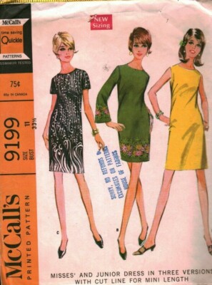 9199 Vintage McCalls Sewing Pattern Misses Juniors Dress Three Versions Mini 60s