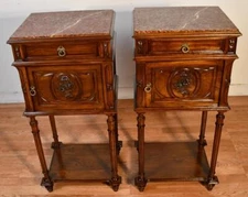1890 Antique French Louis XV Walnut & marble top nightstands / bedside tables
