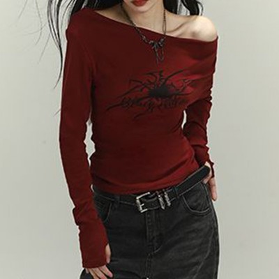 Retro Y2k Style Damen Off Shoulder Crop Top mit Gothic Spider Print
