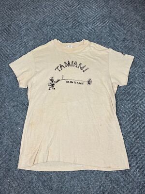 Vintage 70s Tamiami We Aim To Please T Shirt Mens Large Beige Gun Target Adult