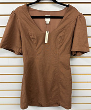 Anthropologie Maeve Womens Small Linen Blend Mini Dress Brown Open Back Gold NWT