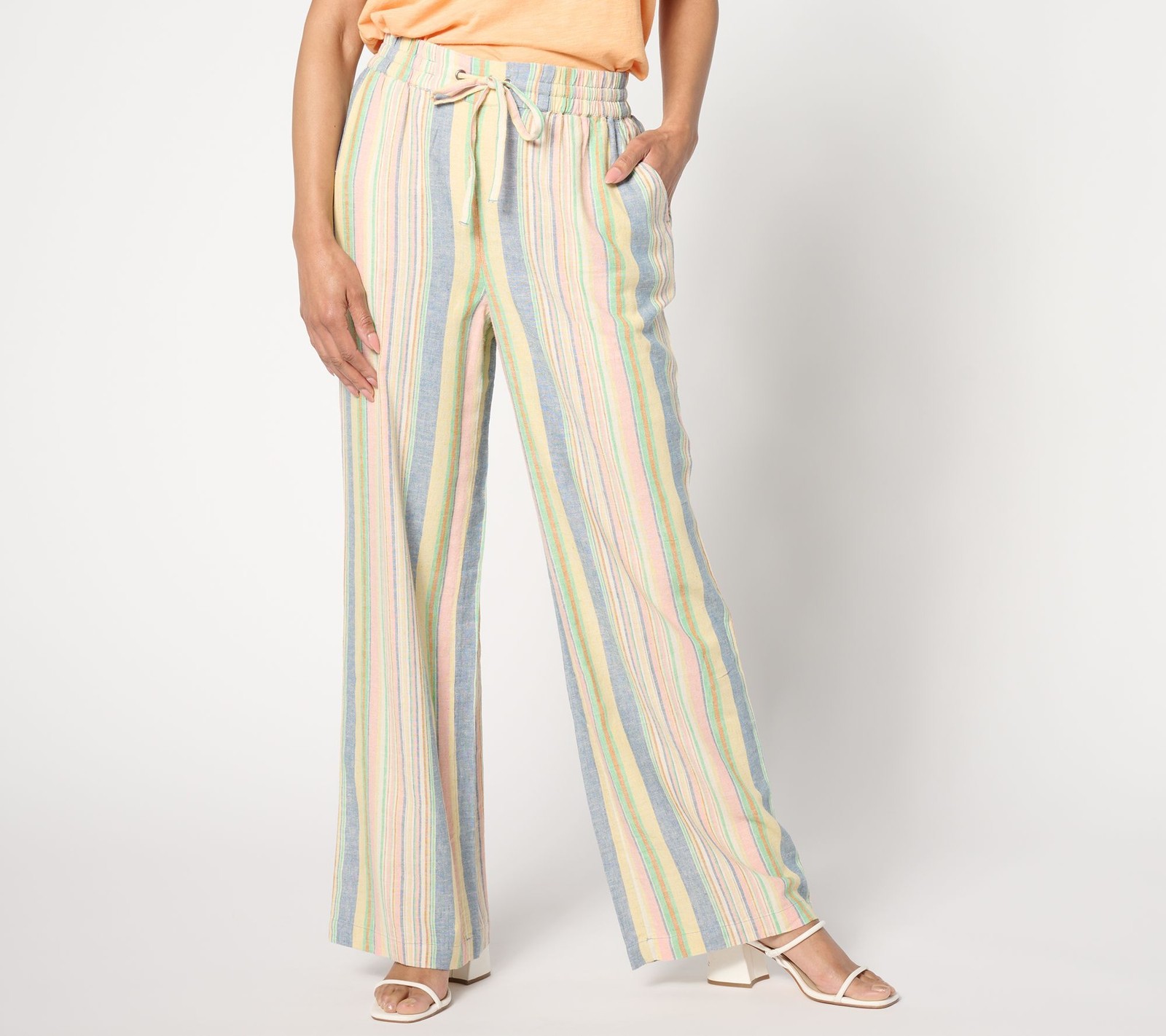 Denim & Co. Women's Petite Pants PL Naturals Striped Linen Multi-colored A643799